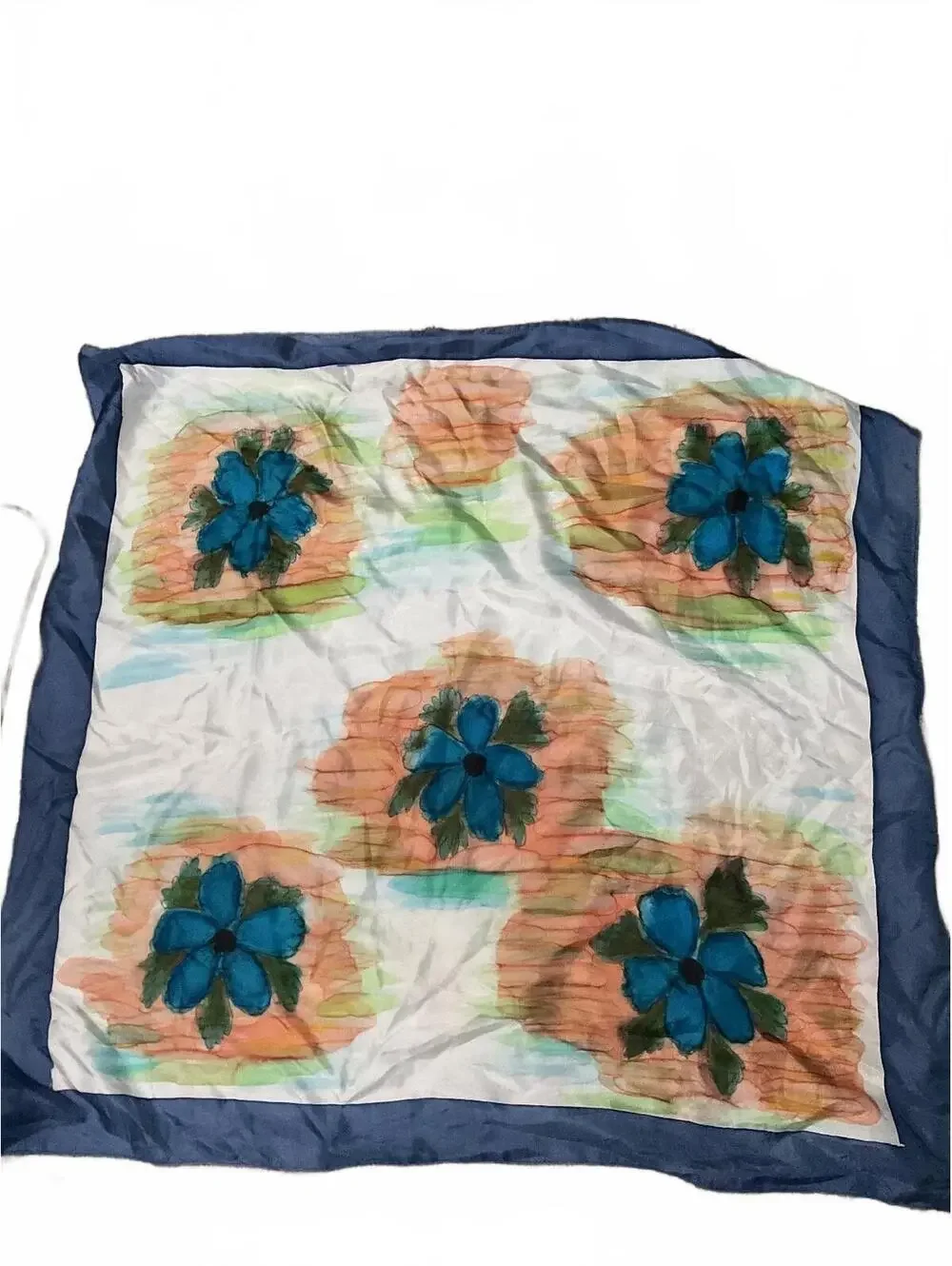 Vintage Blue Floral Silk Scarf with Navy Border Fall